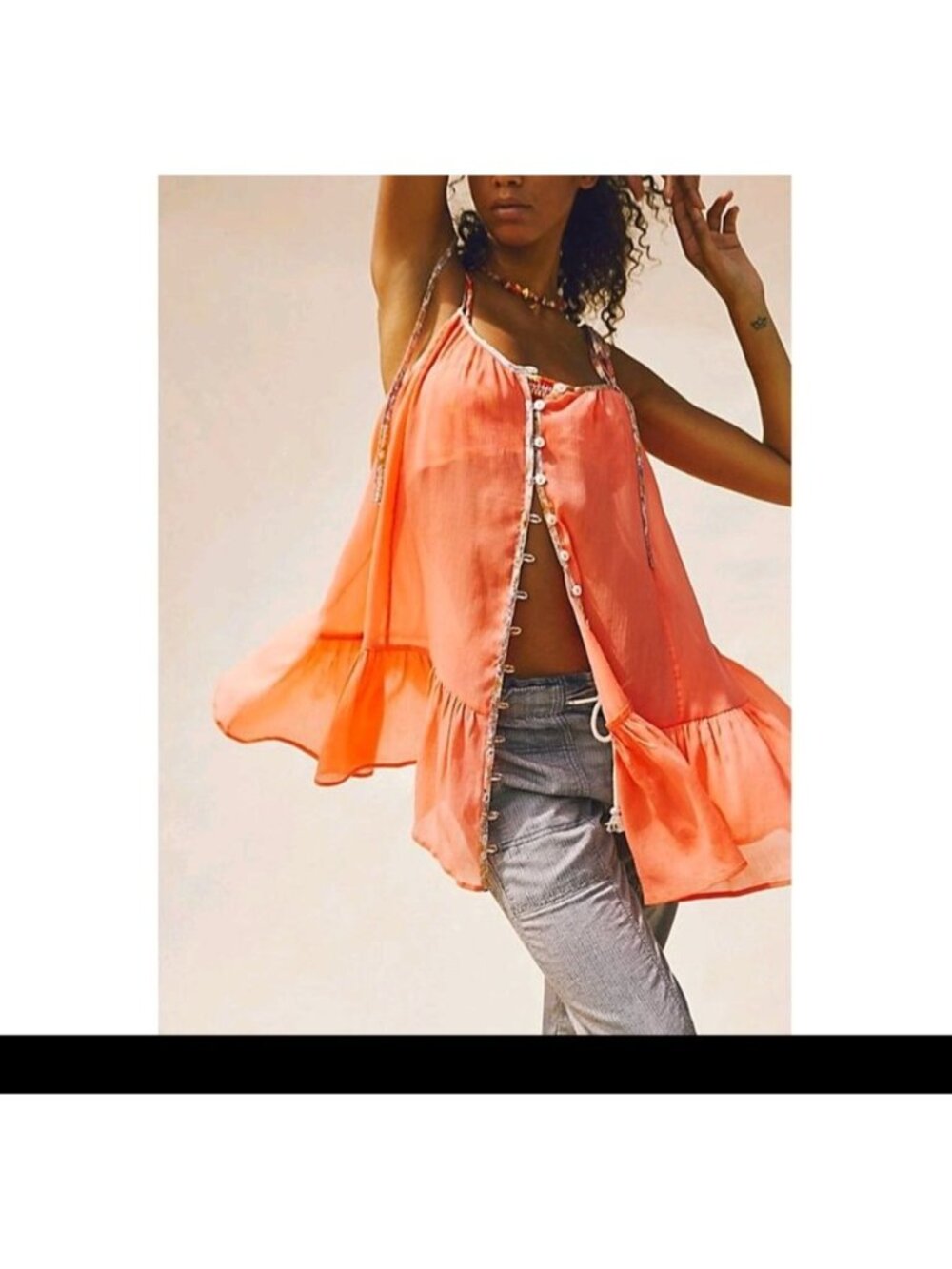 Free People Intimately Bali Sweet Nothing Coral Sheer Tie Strap Tank Top XS
